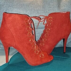 Red Suede Lace-Up Bootie Boots